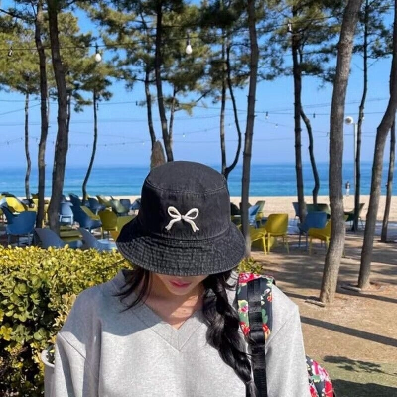 Wholesale Embroidered Bow Distressed Washed Denim Bucket Hat
