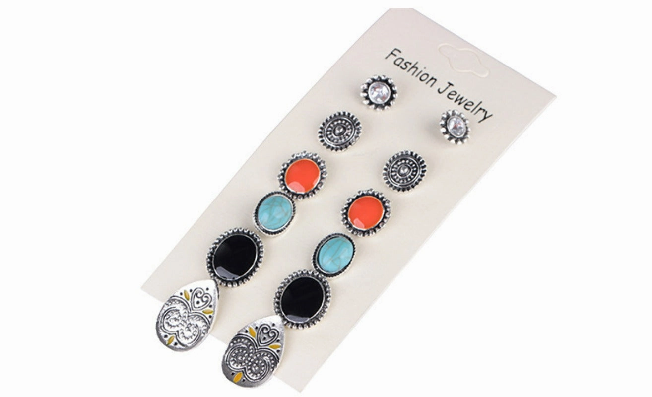 Wholesale Ethnic Style Bohemian Vintage Carved Turquoise Water Drop Earrings Set