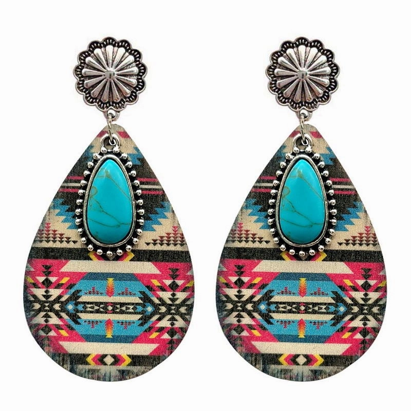 Wholesale Ethnic Turquoise Western Style Aztec Leather Drop Earrings