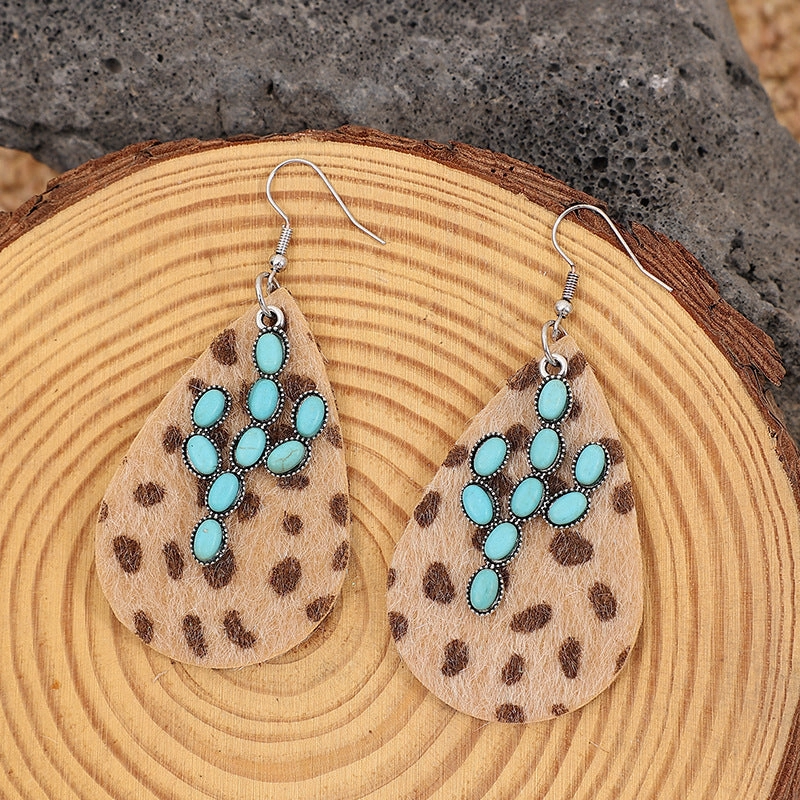 Wholesale Exaggerated Cactus Turquoise Western Cowboy Horse Hair Leopard Earrings