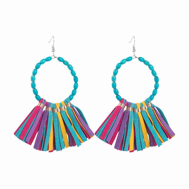 Wholesale Exaggerated Large Round Turquoise Handmade Leather Tassel Earrings
