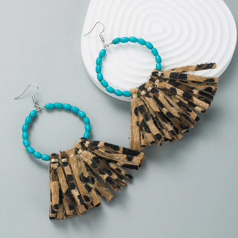 Wholesale Exaggerated Large Round Turquoise Handmade Leather Tassel Earrings
