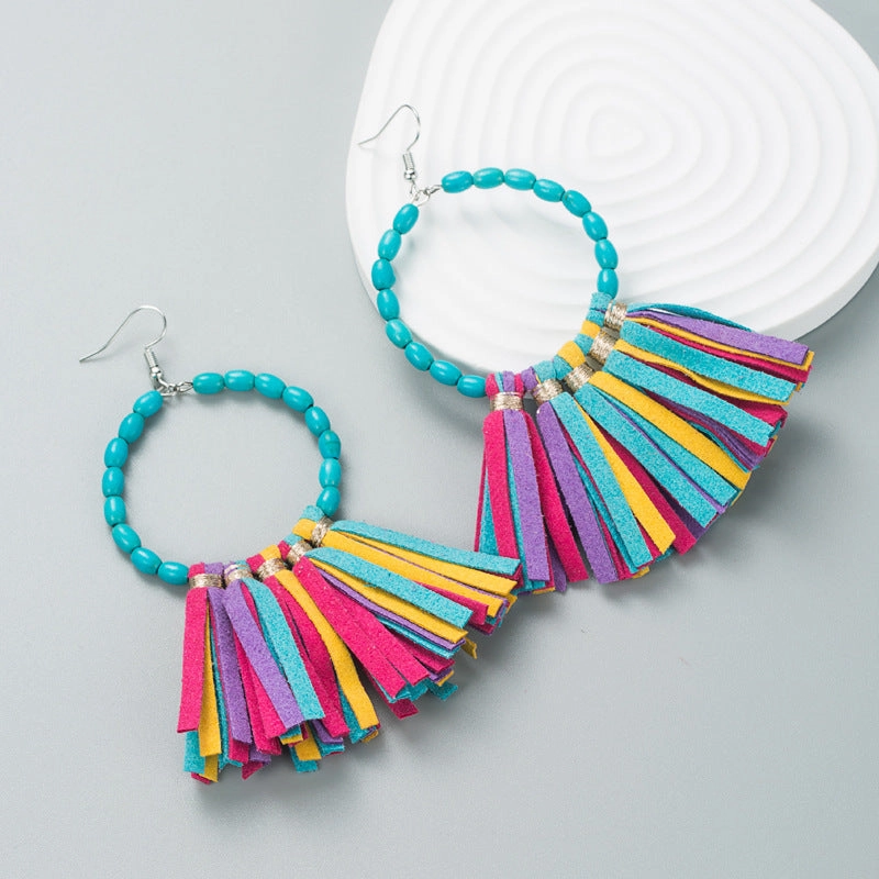 Wholesale Exaggerated Large Round Turquoise Handmade Leather Tassel Earrings