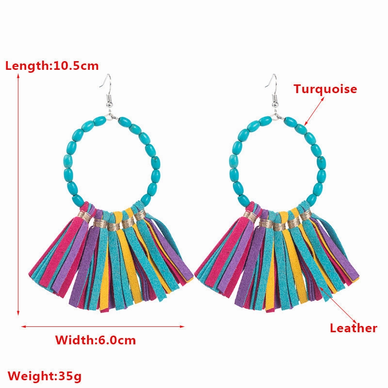 Wholesale Exaggerated Large Round Turquoise Handmade Leather Tassel Earrings