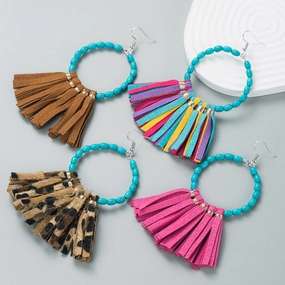 Wholesale Exaggerated Large Round Turquoise Handmade Leather Tassel Earrings
