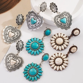 Wholesale Exaggerated turquoise retro heart earrings