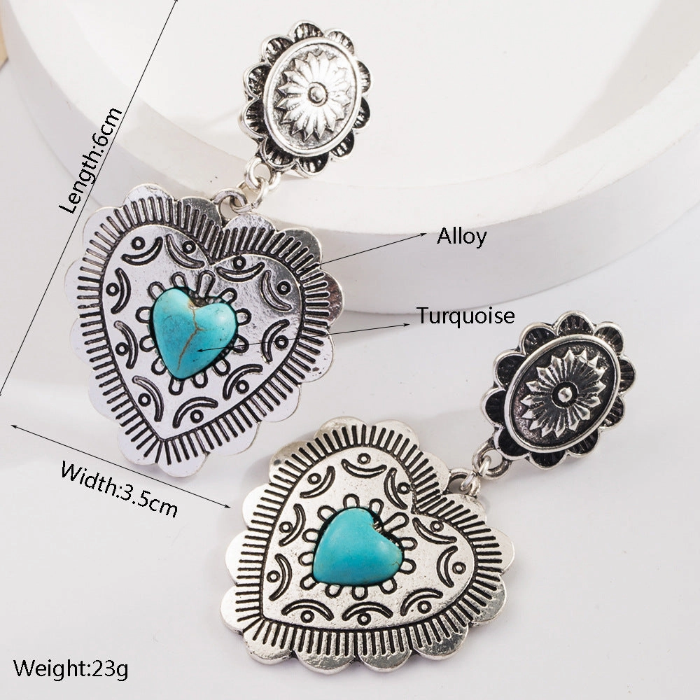 Wholesale Exaggerated turquoise retro heart earrings