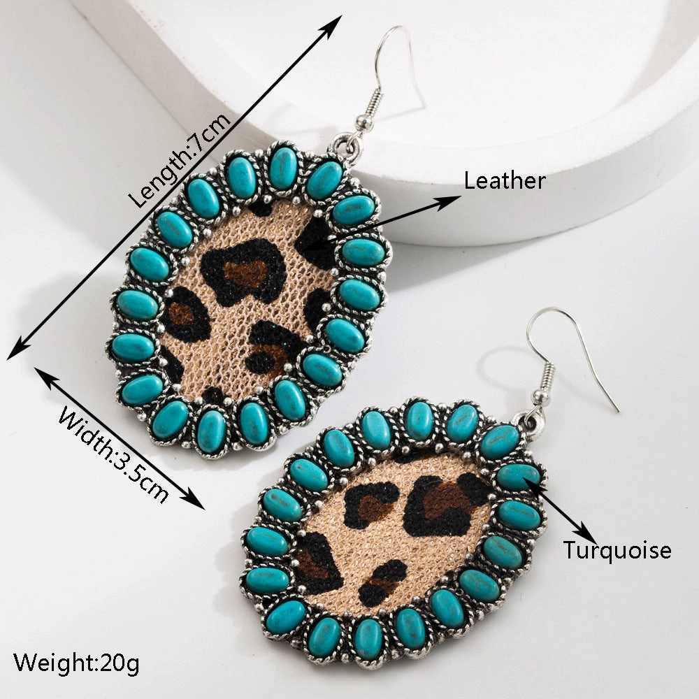 Wholesale Exaggerated Vintage Oval Turquoise Hollow Leopard Leather Earrings