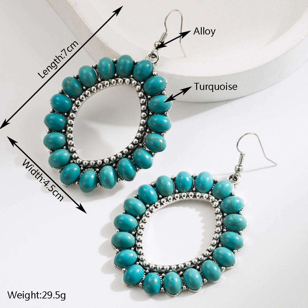 Wholesale Exaggerated Vintage Oval Turquoise Hollow Leopard Leather Earrings