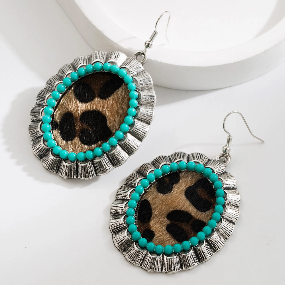 Wholesale Exaggerated Vintage Oval Turquoise Hollow Leopard Leather Earrings