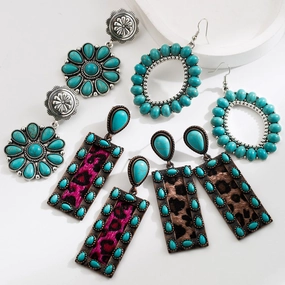 Wholesale Exaggerated Vintage Oval Turquoise Hollow Leopard Leather Earrings