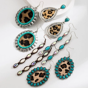 Wholesale Exaggerated Vintage Oval Turquoise Hollow Leopard Leather Earrings