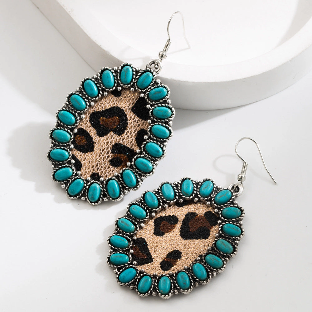 Wholesale Exaggerated Vintage Oval Turquoise Hollow Leopard Leather Earrings