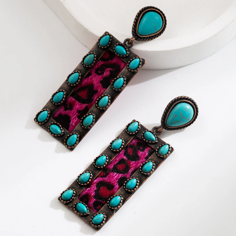 Wholesale Exaggerated Vintage Oval Turquoise Hollow Leopard Leather Earrings