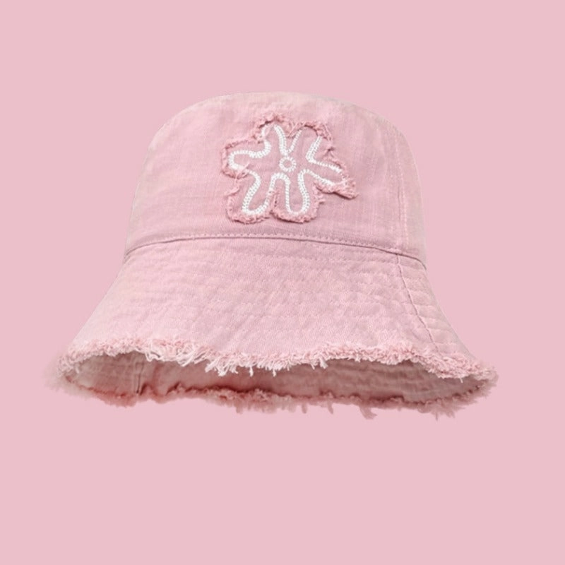 Wholesale Flower Embroidered Raw Edge Thin Bucket Hat
