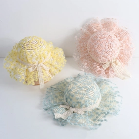 Wholesale Flower Lace Bow Kids Straw Hat