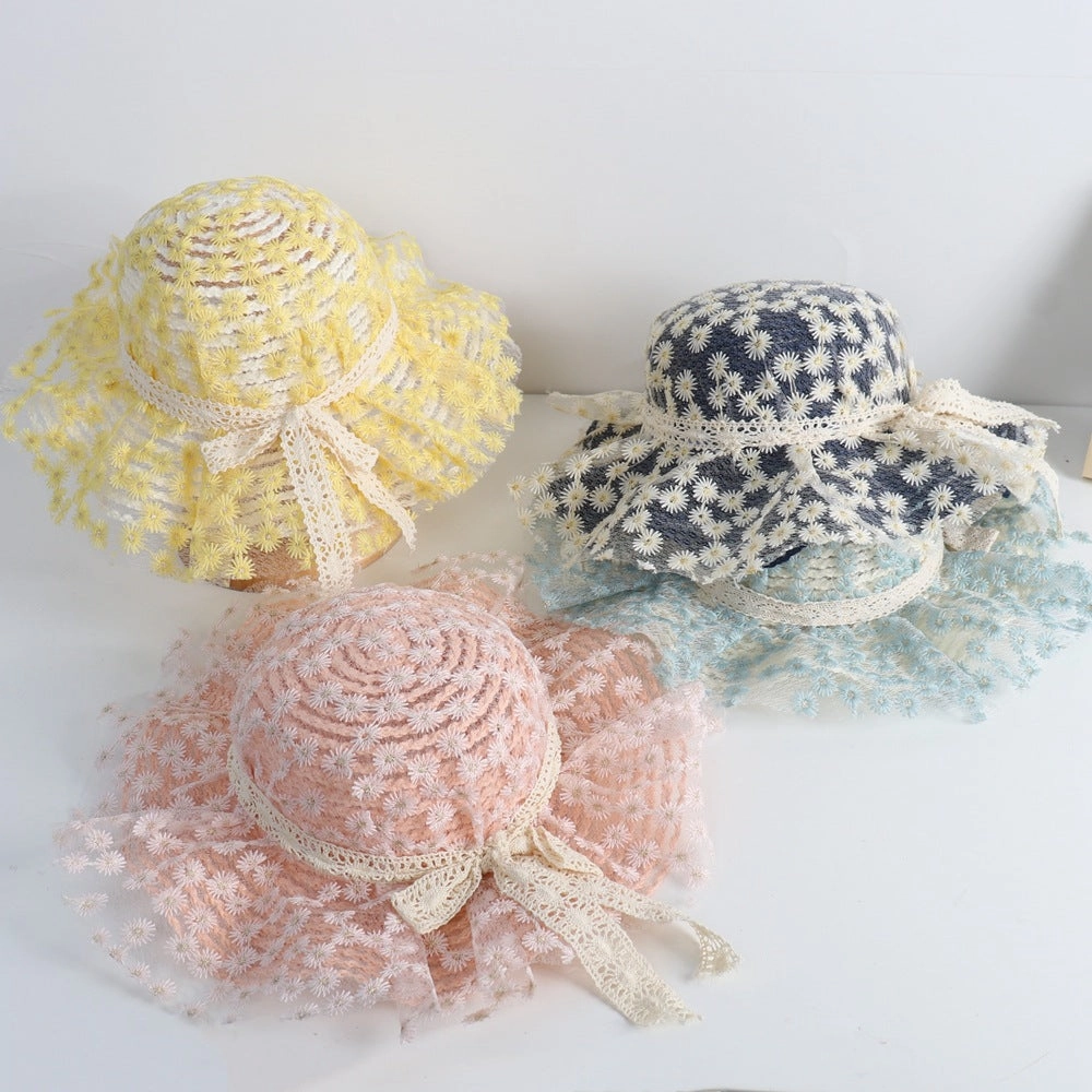 Wholesale Flower Lace Bow Kids Straw Hat