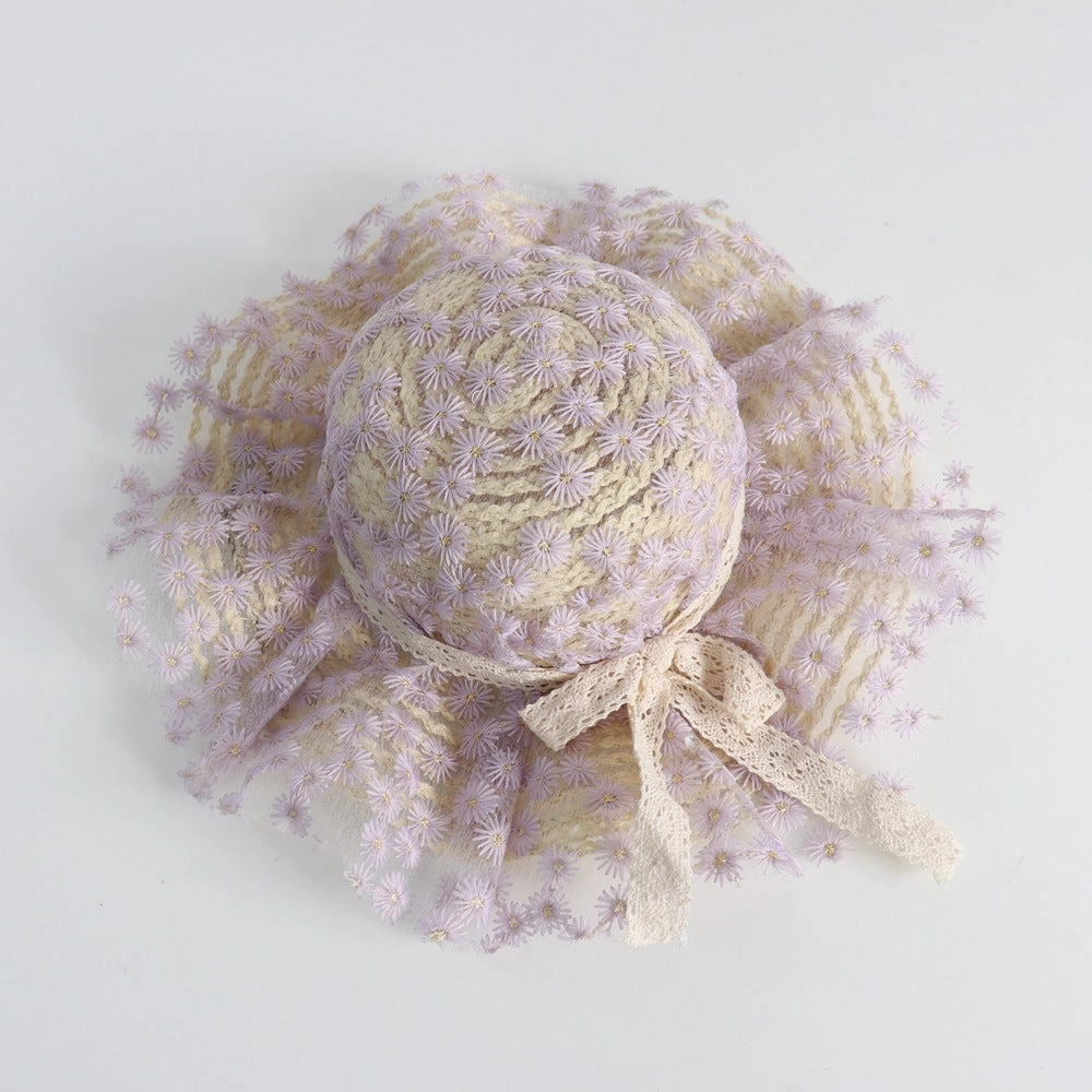 Wholesale Flower Lace Bow Kids Straw Hat