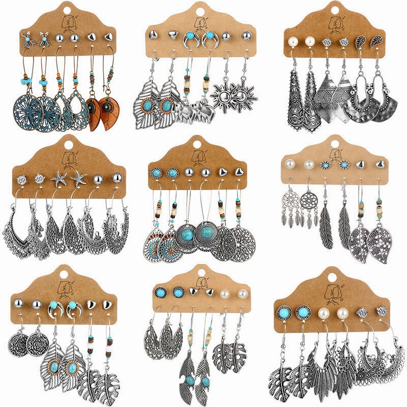 Wholesale Gem Hollow Half-circle Leaf Feather Vintage Earrings 6 Pairs Set