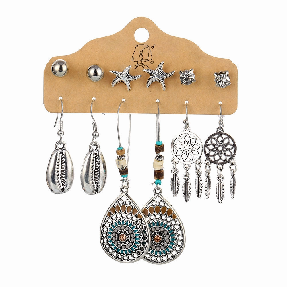 Wholesale Gem Hollow Half-circle Leaf Feather Vintage Earrings 6 Pairs Set