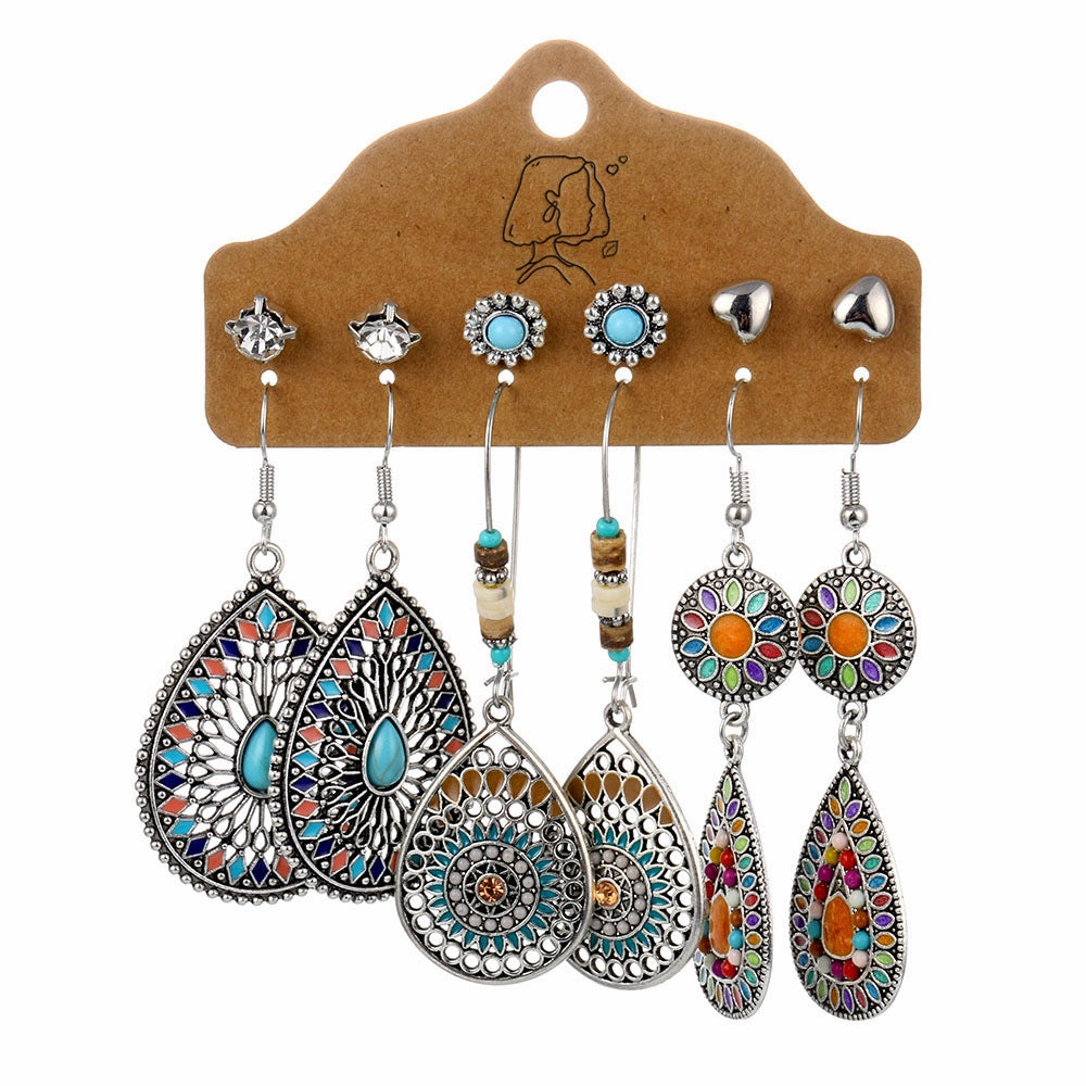 Wholesale Gem Hollow Half-circle Leaf Feather Vintage Earrings 6 Pairs Set