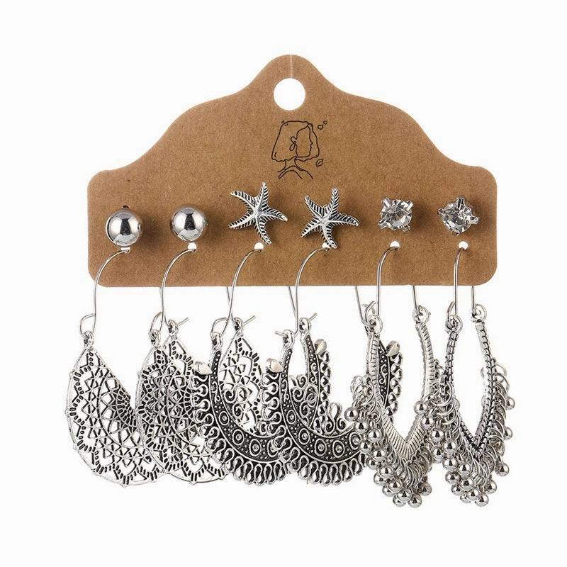 Wholesale Gem Hollow Half-circle Leaf Feather Vintage Earrings 6 Pairs Set