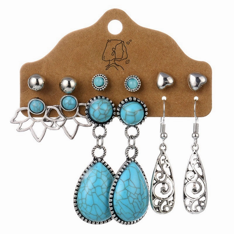 Wholesale Gem Hollow Half-circle Leaf Feather Vintage Earrings 6 Pairs Set