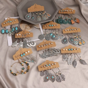 Wholesale Gem Hollow Half-circle Leaf Feather Vintage Earrings 6 Pairs Set