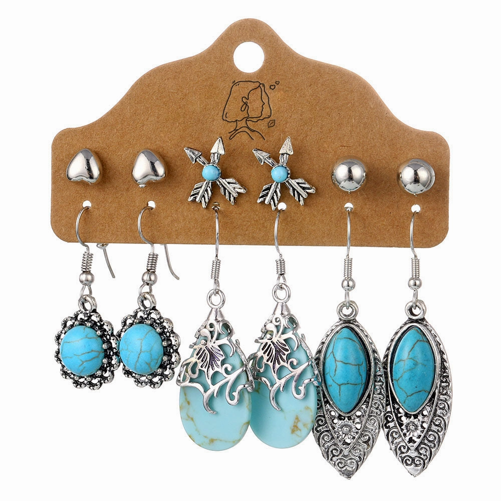 Wholesale Gem Hollow Half-circle Leaf Feather Vintage Earrings 6 Pairs Set