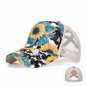 Wholesale Gemstone Sunflower Print Cross Baseball Cap