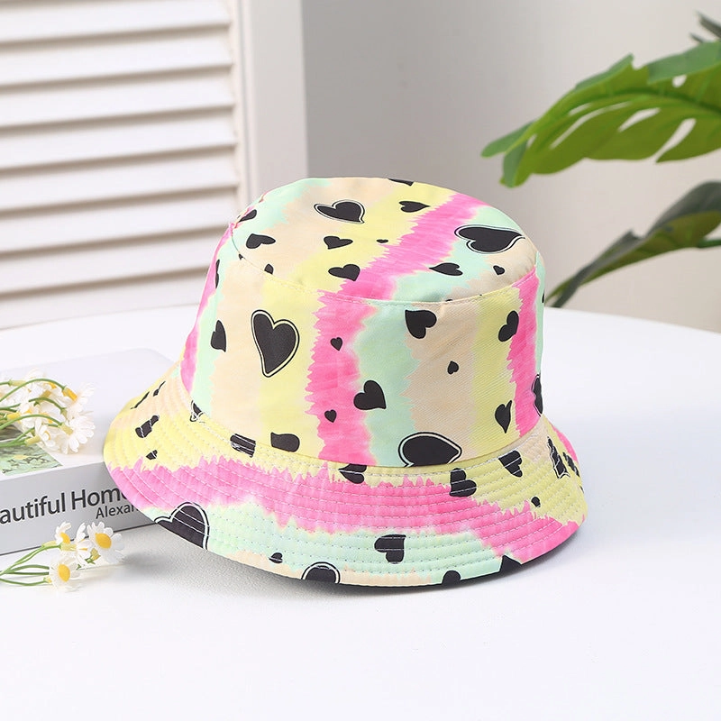 Wholesale Heart Printing Tie Dye Color Block Polyester Sunshade Bucket Hat