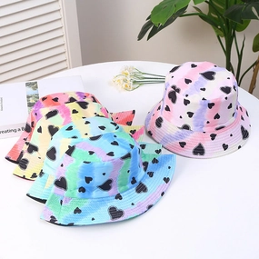 Wholesale Heart Printing Tie Dye Color Block Polyester Sunshade Bucket Hat