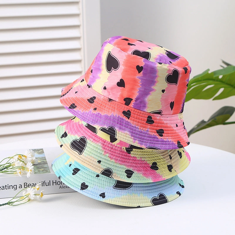 Wholesale Heart Printing Tie Dye Color Block Polyester Sunshade Bucket Hat