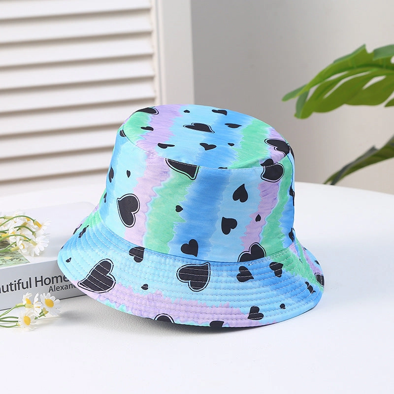Wholesale Heart Printing Tie Dye Color Block Polyester Sunshade Bucket Hat