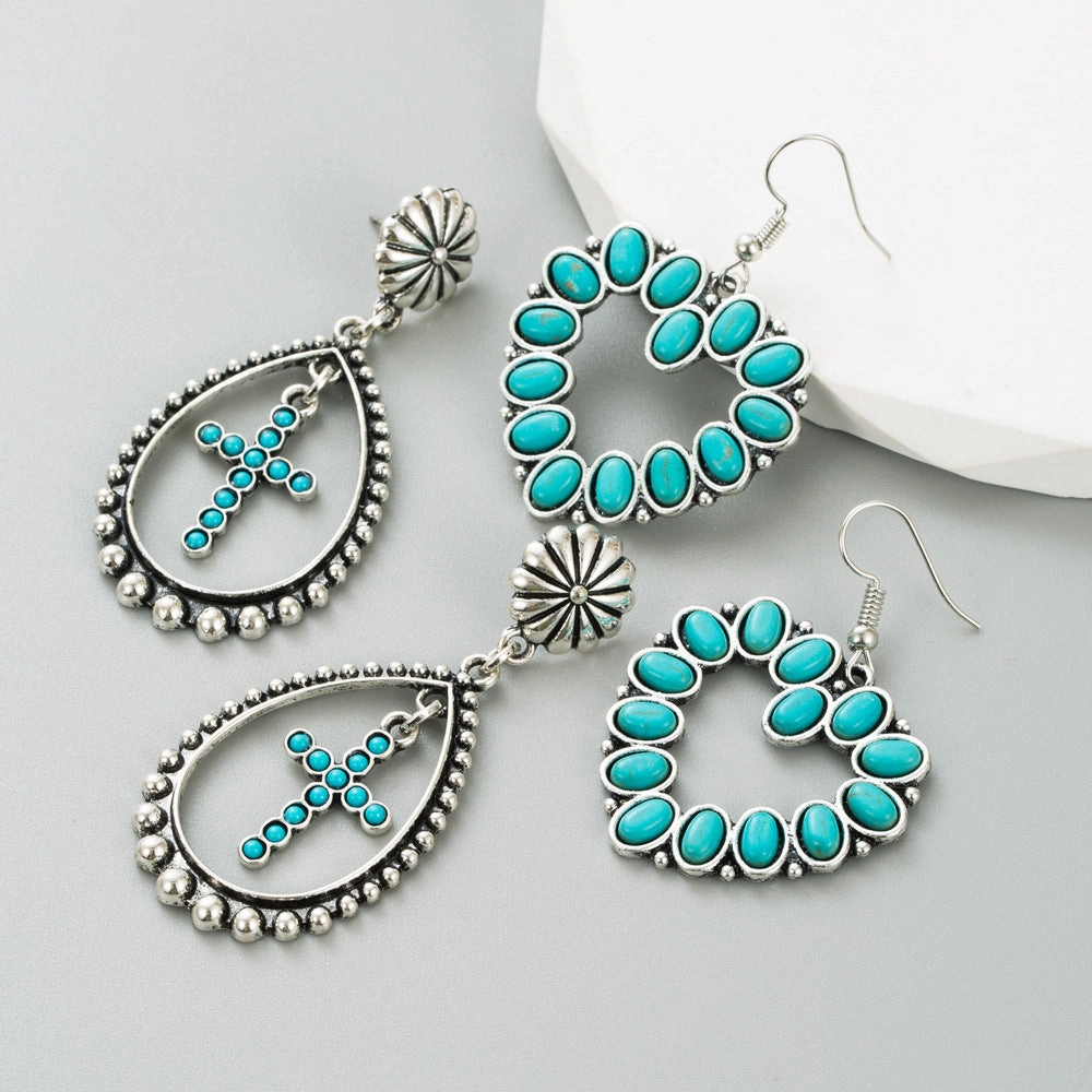 Wholesale Hollow Heart Cross Exaggerated Turquoise Earrings