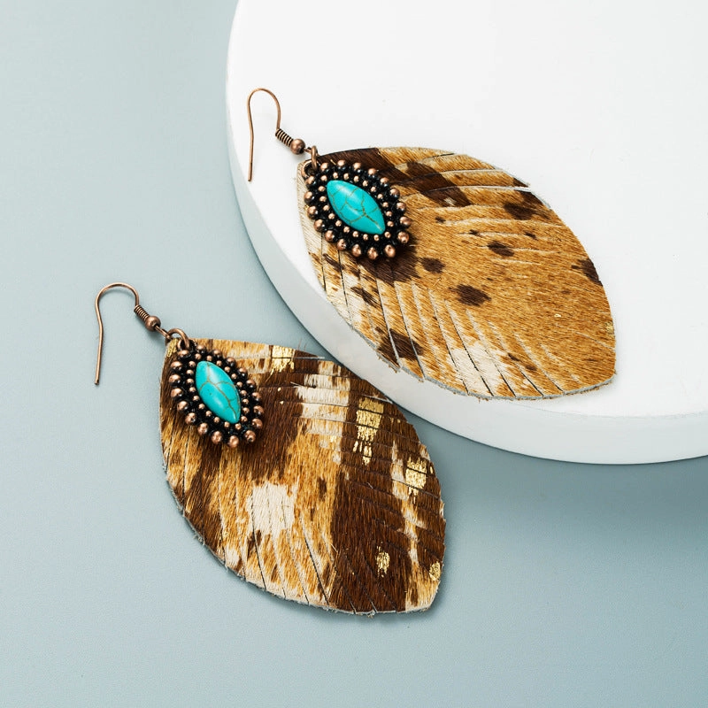 Wholesale Horsehair Genuine Leather Leaf Tassel Vintage Turquoise Leopard Earrings