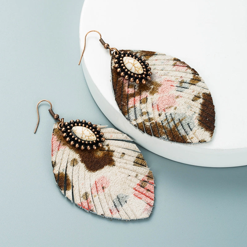 Wholesale Horsehair Genuine Leather Leaf Tassel Vintage Turquoise Leopard Earrings