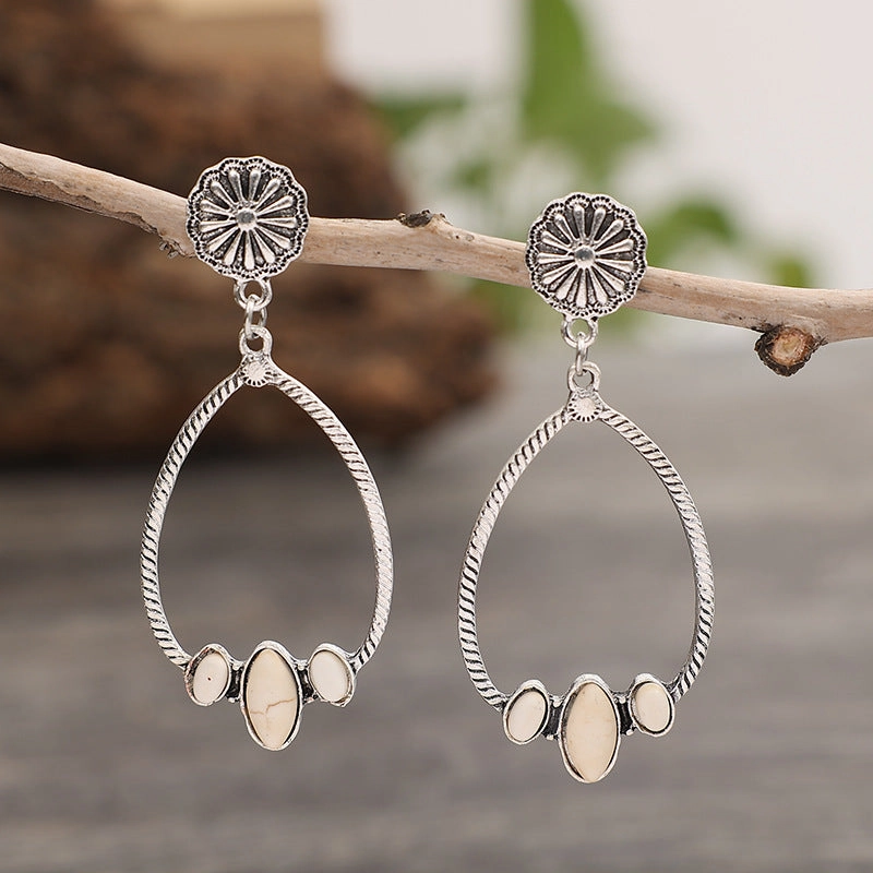 Wholesale Large Circle Teardrop Turquoise Hollow Daisy Exaggerated Earrings