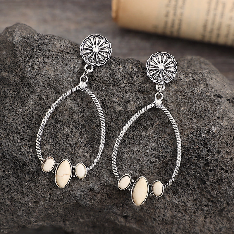Wholesale Large Circle Teardrop Turquoise Hollow Daisy Exaggerated Earrings