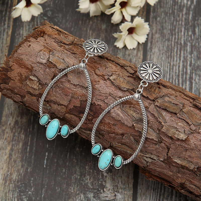 Wholesale Large Circle Teardrop Turquoise Hollow Daisy Exaggerated Earrings