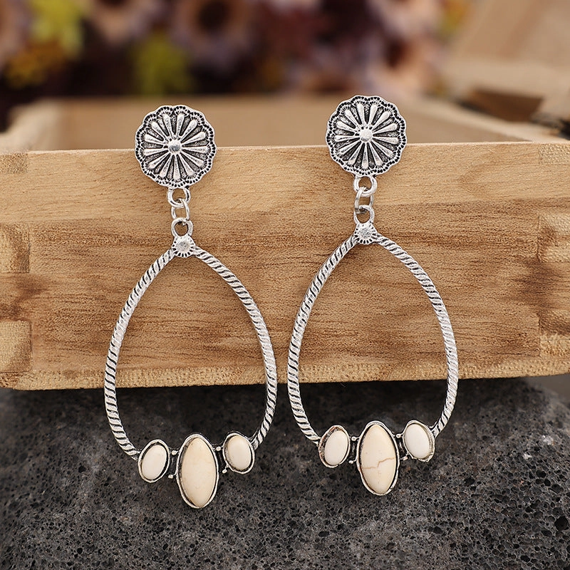 Wholesale Large Circle Teardrop Turquoise Hollow Daisy Exaggerated Earrings