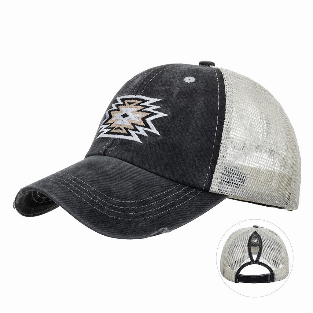 Wholesale Layered Ponytail Washed Embroidered Baseball Cap