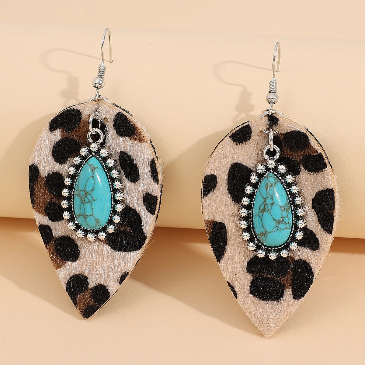 Wholesale Leaf Western Style Vintage Turquoise Leopard Leather Earrings