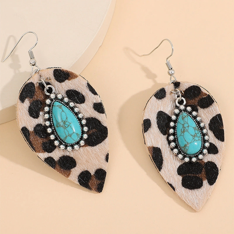 Wholesale Leaf Western Style Vintage Turquoise Leopard Leather Earrings