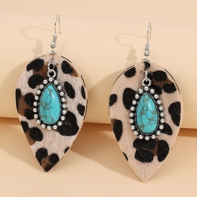 Wholesale Leaf Western Style Vintage Turquoise Leopard Leather Earrings