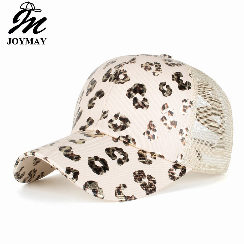 Wholesale Leopard Print Cross Elastic Mesh Ponytail Baseball Cap