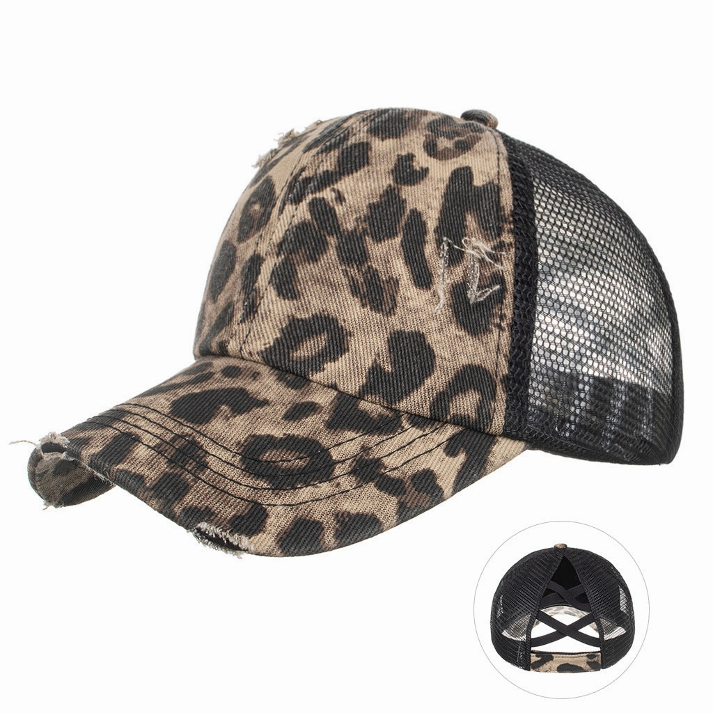 Wholesale Leopard Print Cross Elastic Ponytail Baseball Cap