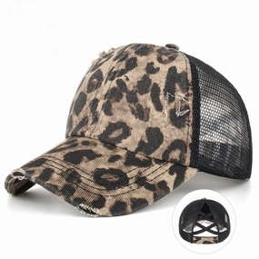 Wholesale Leopard Print Cross Elastic Ponytail Baseball Cap