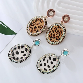 Wholesale Leopard Print Leather Alloy Diamond Turquoise Vintage Earrings