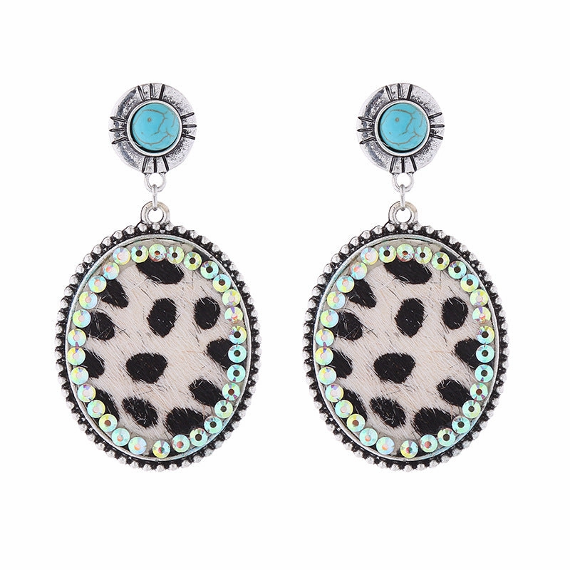 Wholesale Leopard Print Leather Alloy Diamond Turquoise Vintage Earrings
